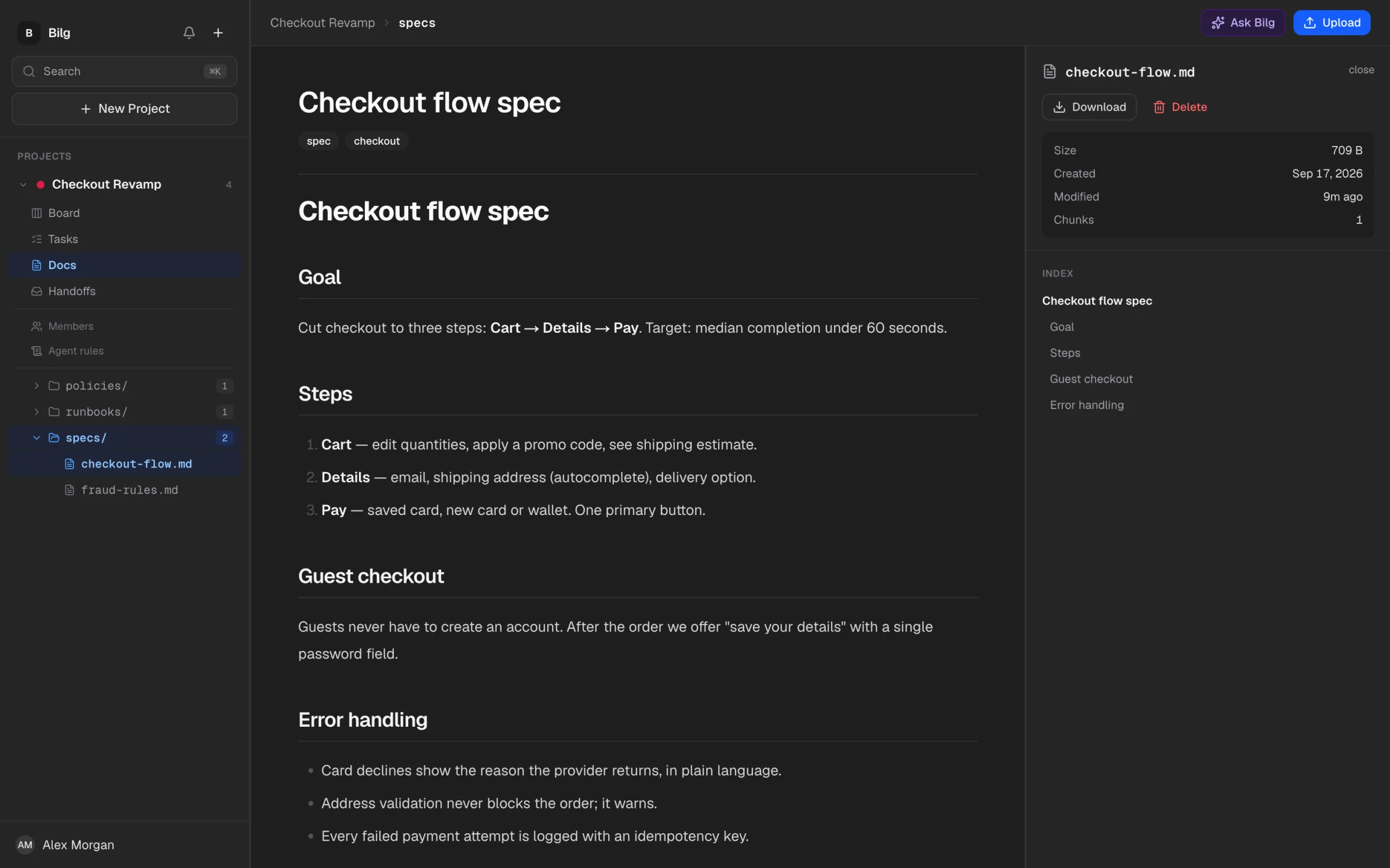 A rendered Markdown spec with folder tree, tags and a section index