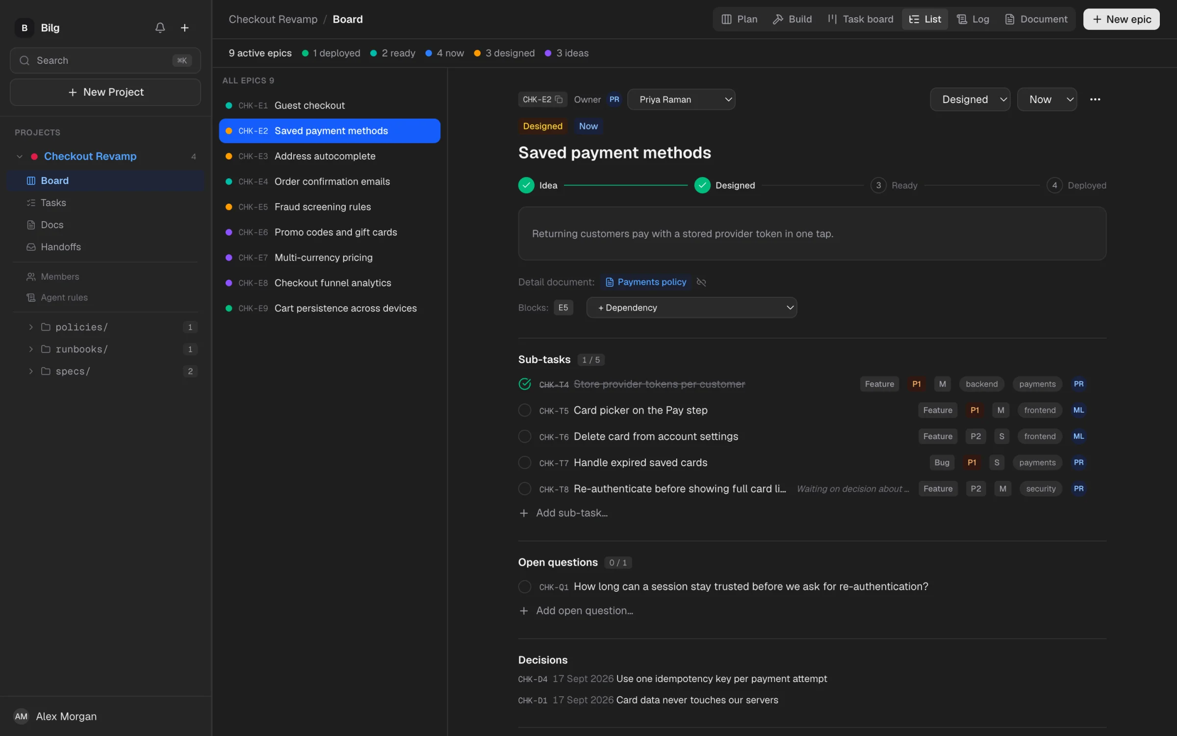 Epic detail: stage tracker, linked spec, sub-tasks with priority and assignee, open questions and decisions