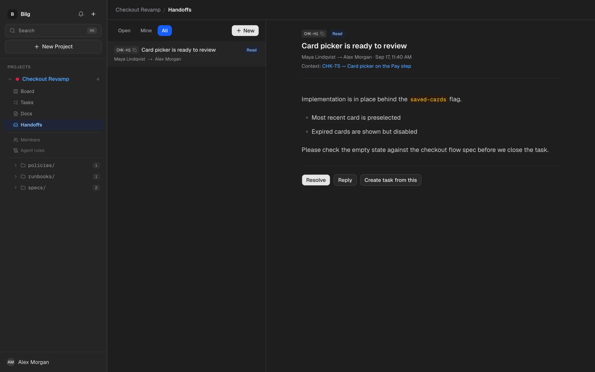 Handoff inbox: an addressed note from one teammate's agent to another, linked to a task, with Resolve and Reply actions