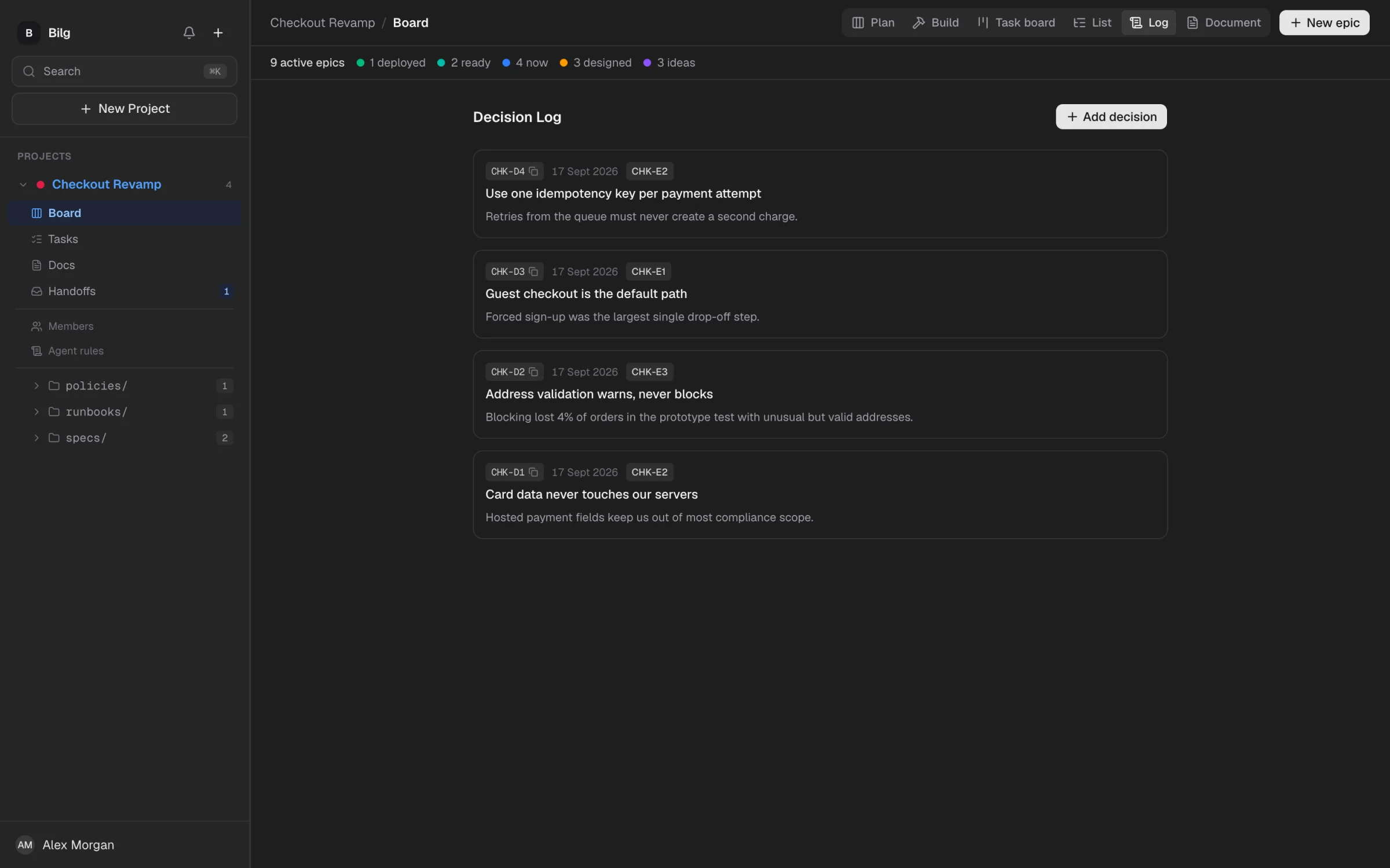 Decision log with keyed decisions, dates, rationale and linked epics