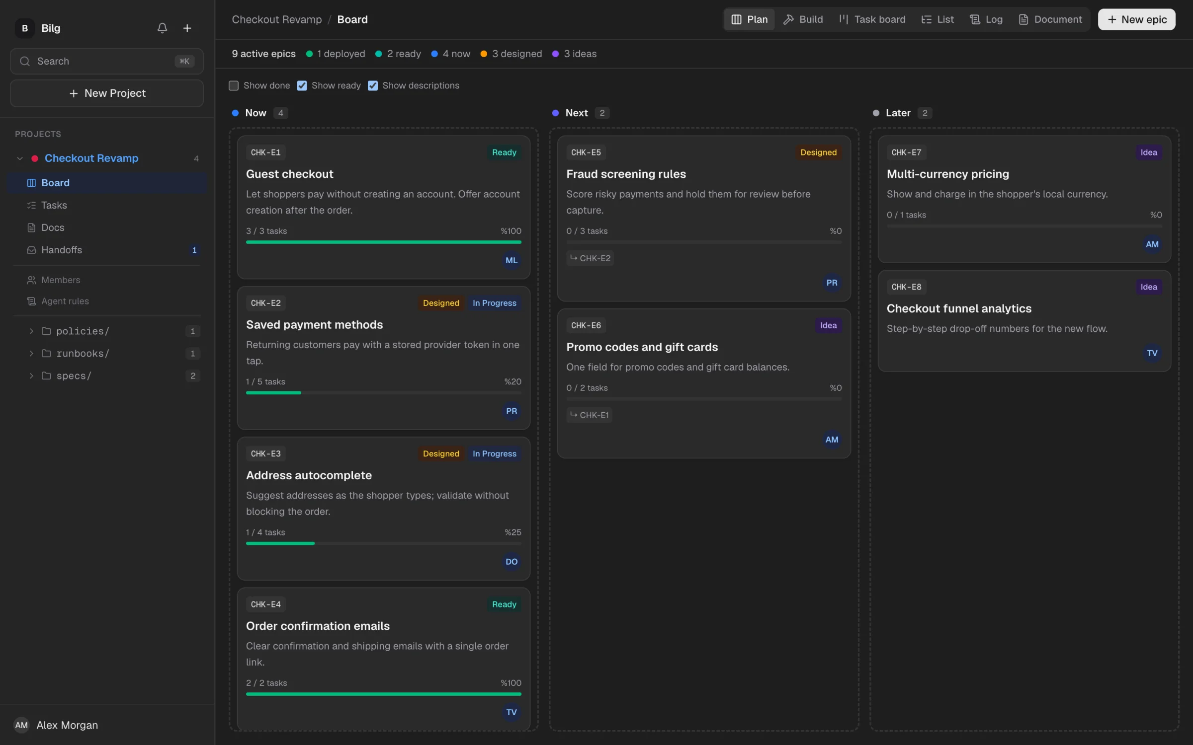 Bilg board in Plan view: epics grouped into Now, Next and Later with progress, owners and dependencies