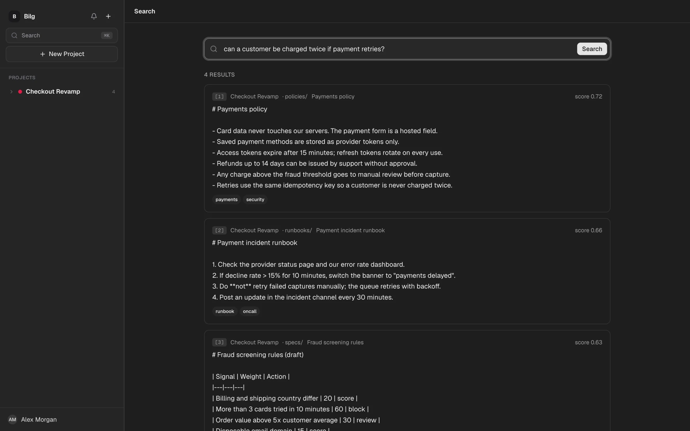 Semantic search results: a question about double charges returns the payments policy, incident runbook and fraud rules