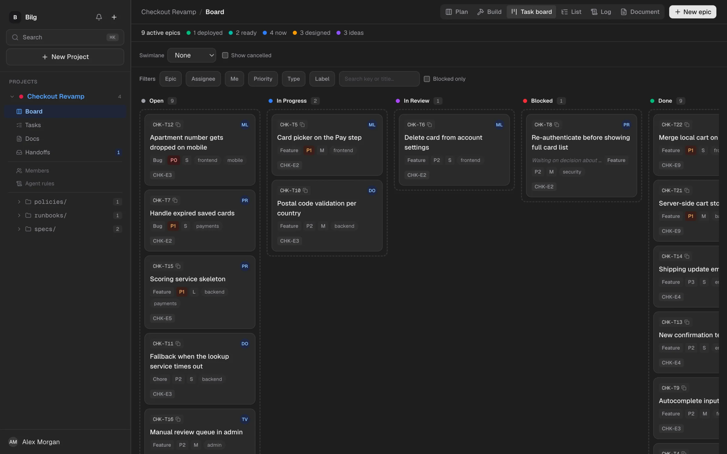 Task board with Open, In Progress, In Review, Blocked and Done columns; cards show type, priority, size, labels and assignee